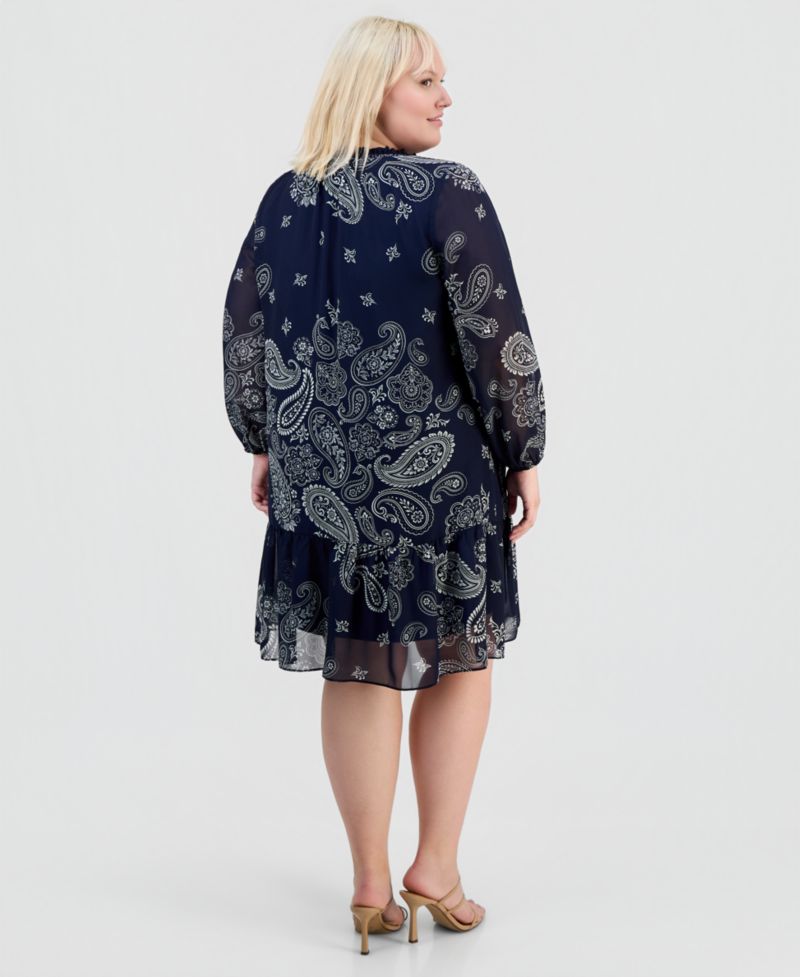 Plus Size Printed Chiffon Tie-Neck Tiered Dress