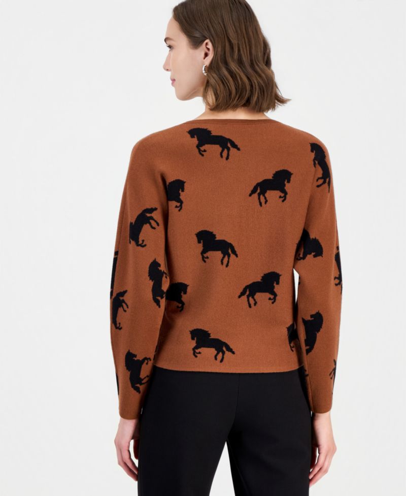 Women's Dolman Sleeve Crewneck Horse Jacquard Pullover Sweater