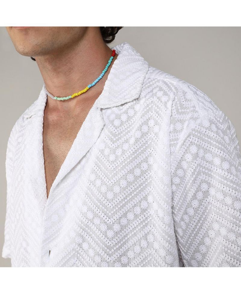 Men's Chalk White Embroidered Zig-Zag Shirt