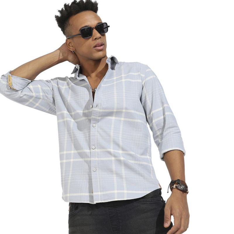 Men's Light Grey Contrast Tartan Plaid Shirt.