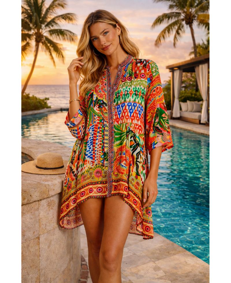 Women's Short Asymmetrical Dress with V-Neck and Mid-Length Sleeves