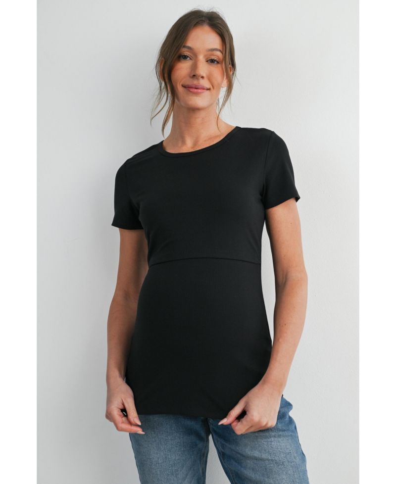 Maternity Nursing Ribbed Short-Sleeve Crewneck Top with Lift-Up Panel
