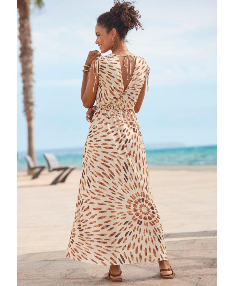 Women's Viscose Printed Tie Detail V-Neck Elastic-Waist Maxi Dress