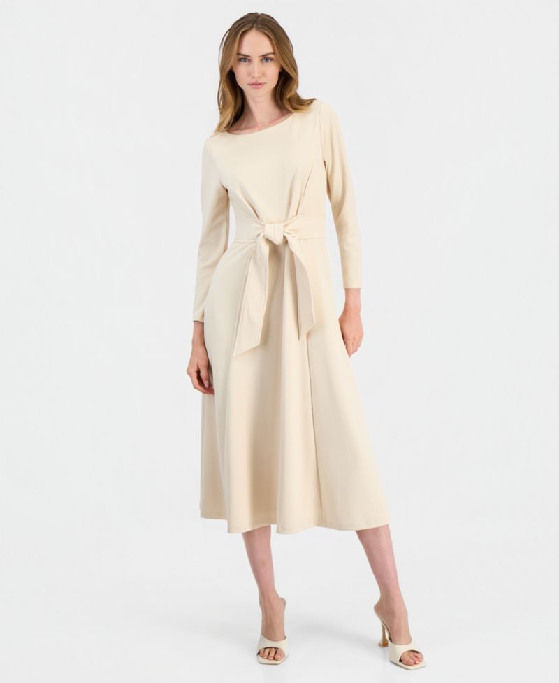 Women's Boat-Neck Tie-Waist A-Line Midi Dress