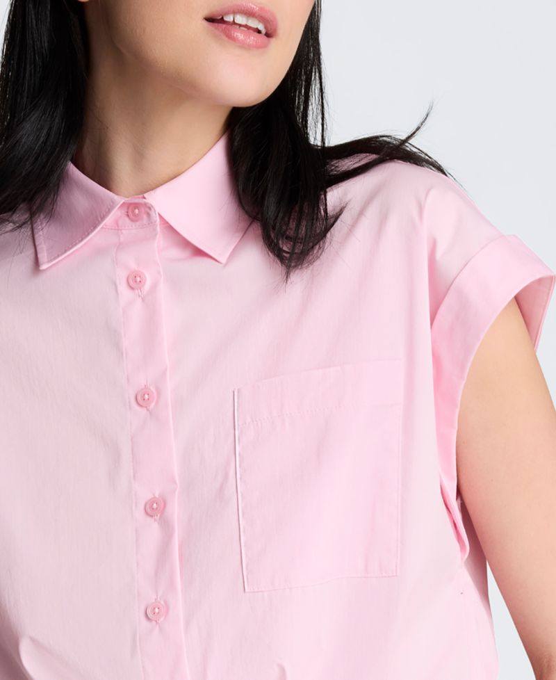 Women's Short-Sleeve Button-Front Collared Cropped Shirt
