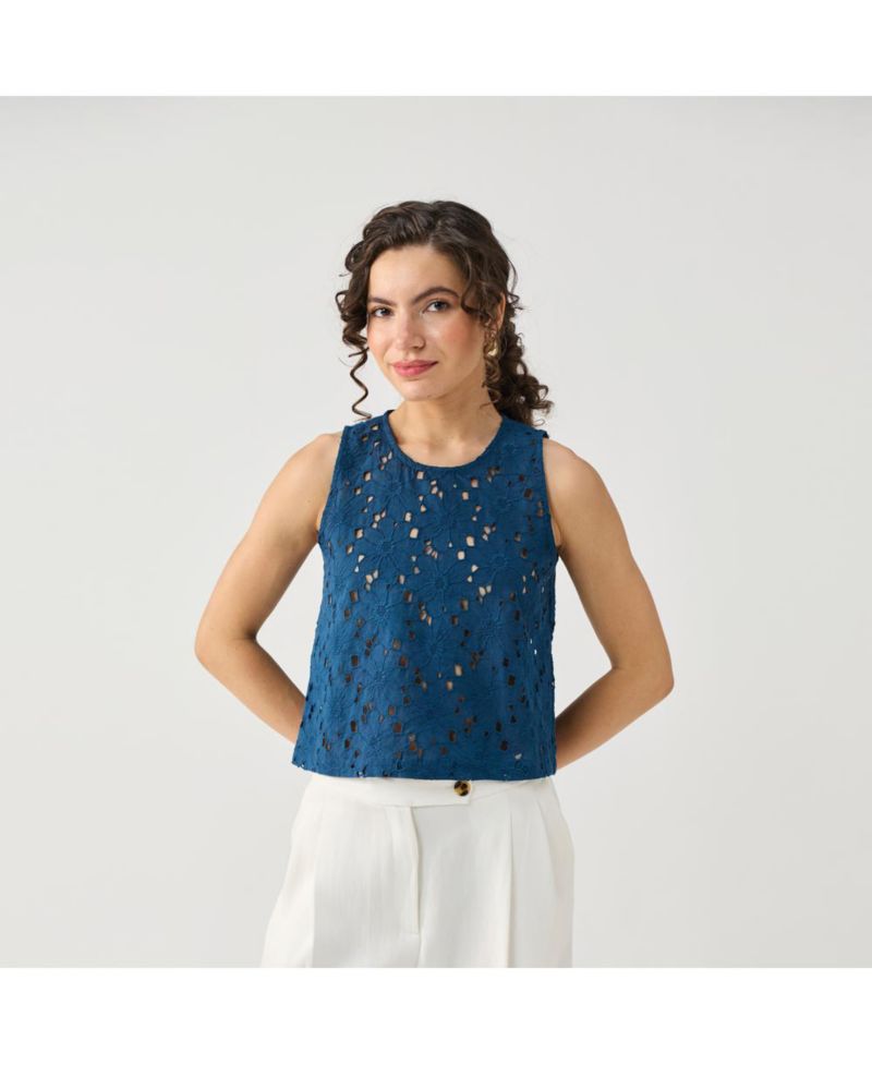 Women's Embroidered Sleeveless Button-Back Top