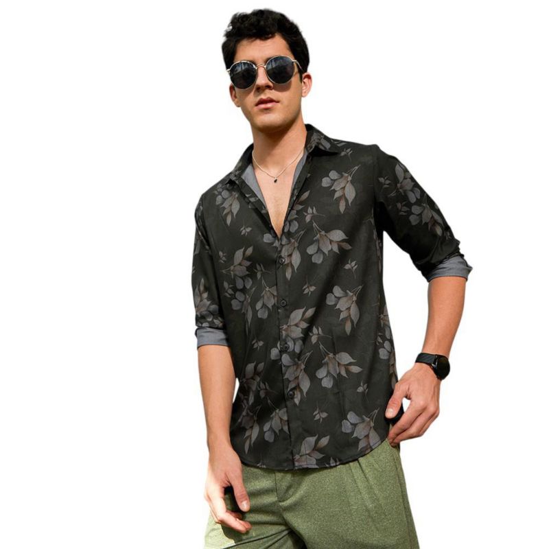 Men's Charcoal Grey Stamped-Foliage Shirt