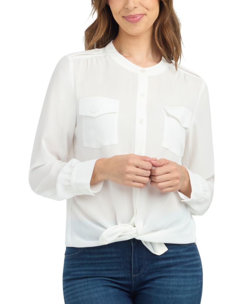 Juniors' Tie Front Long Sleeve Dobby Blouse
