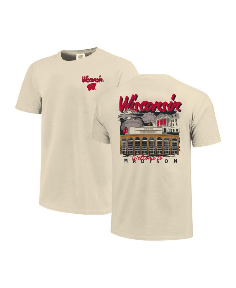 Men's Natural Wisconsin Badgers Comfort Colors Hand-Drawn Campus Stack T-Shirt