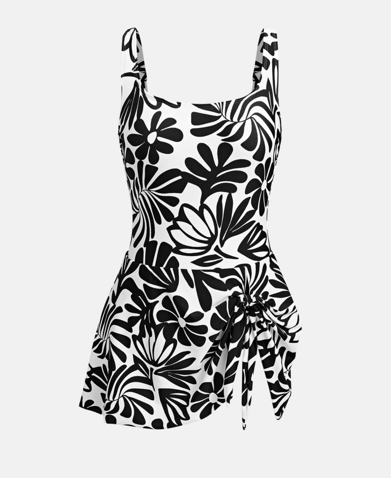 Women's Scoop Neck Tie Knot One Piece Swimsuit Swim Dress