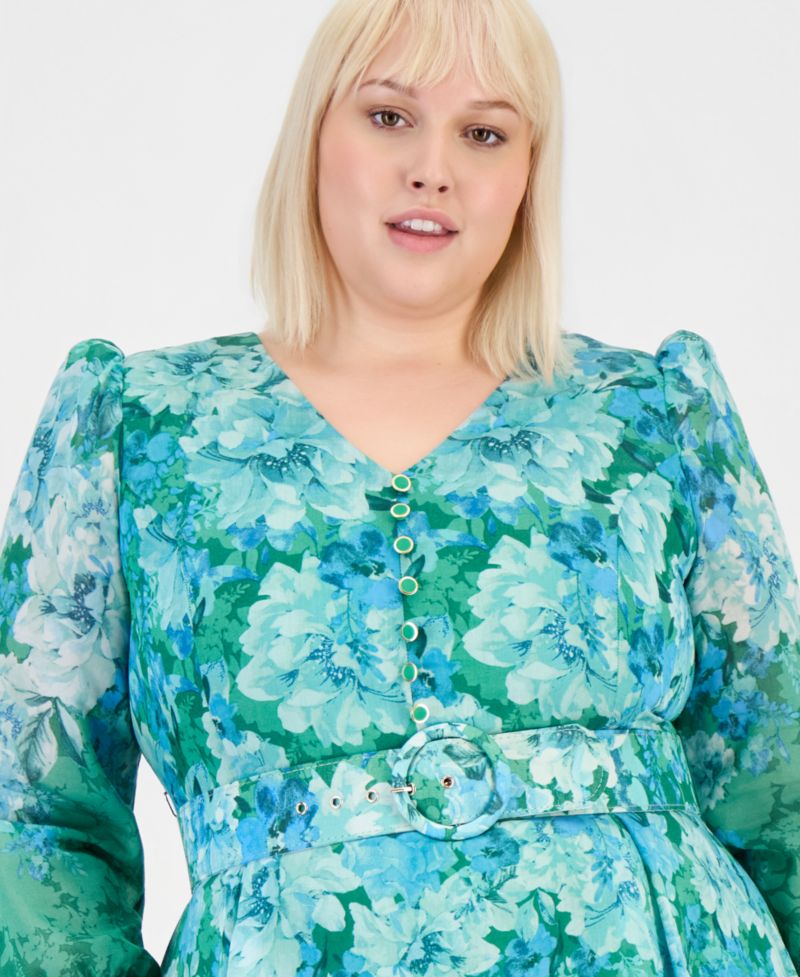 Petite Printed Long-Sleeve Belted Dress
