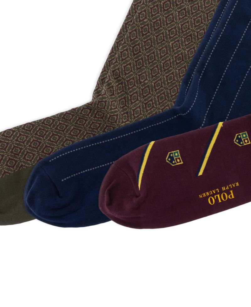 Men's Novelty Slack Striped Cotton-Blend Embroidered Pony Crew Socks, 3-Pack