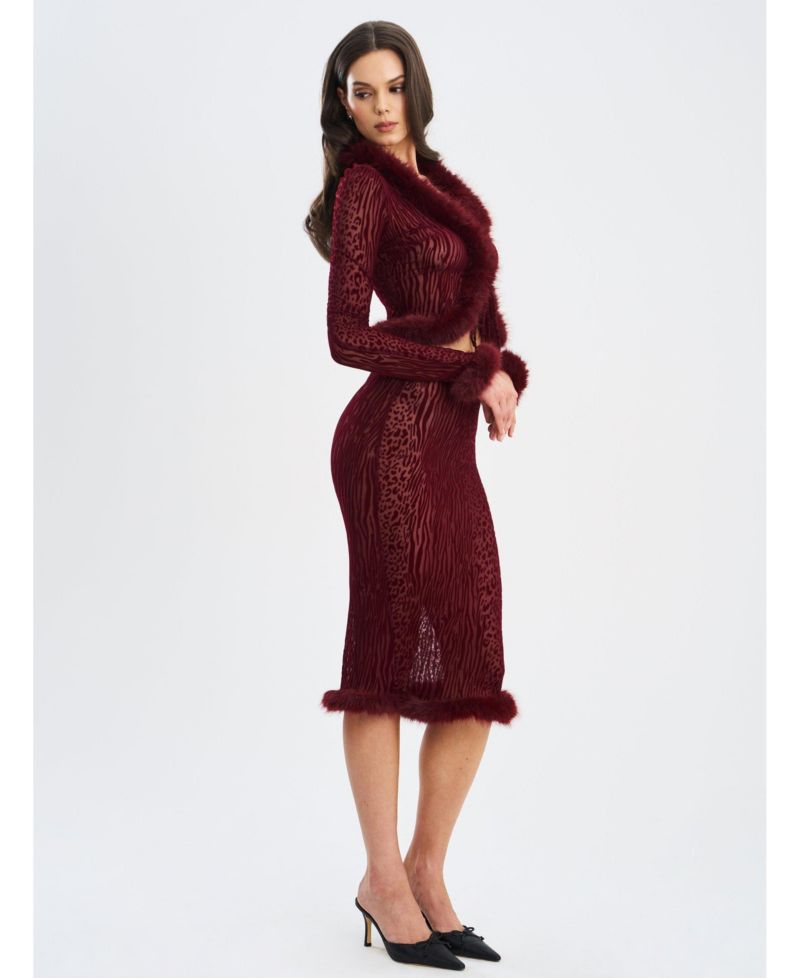 Women's Hali Burgundy Animal Print Burnout Velvet Fur Trim Top