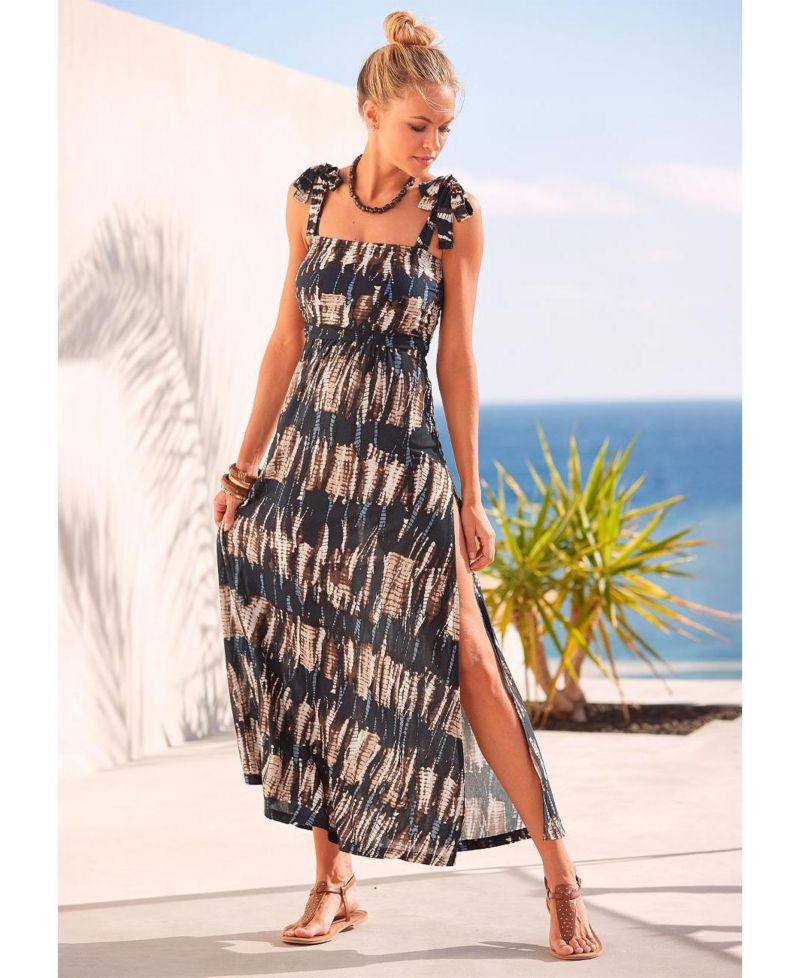 Women's Viscose Tropical Print Tie Strap Slit Halter-Neck Maxi Dress