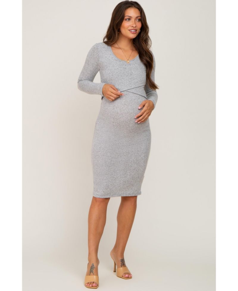 Women's Heather Grey Brushed Knit Long Sleeve Wrap Nursing Dress