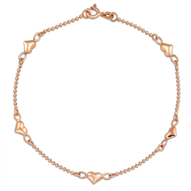 Romantic Delicate Puff Hearts Charm Anklet Ankle Bracelet Rose Gold Vermeil Sterling 9 Inch