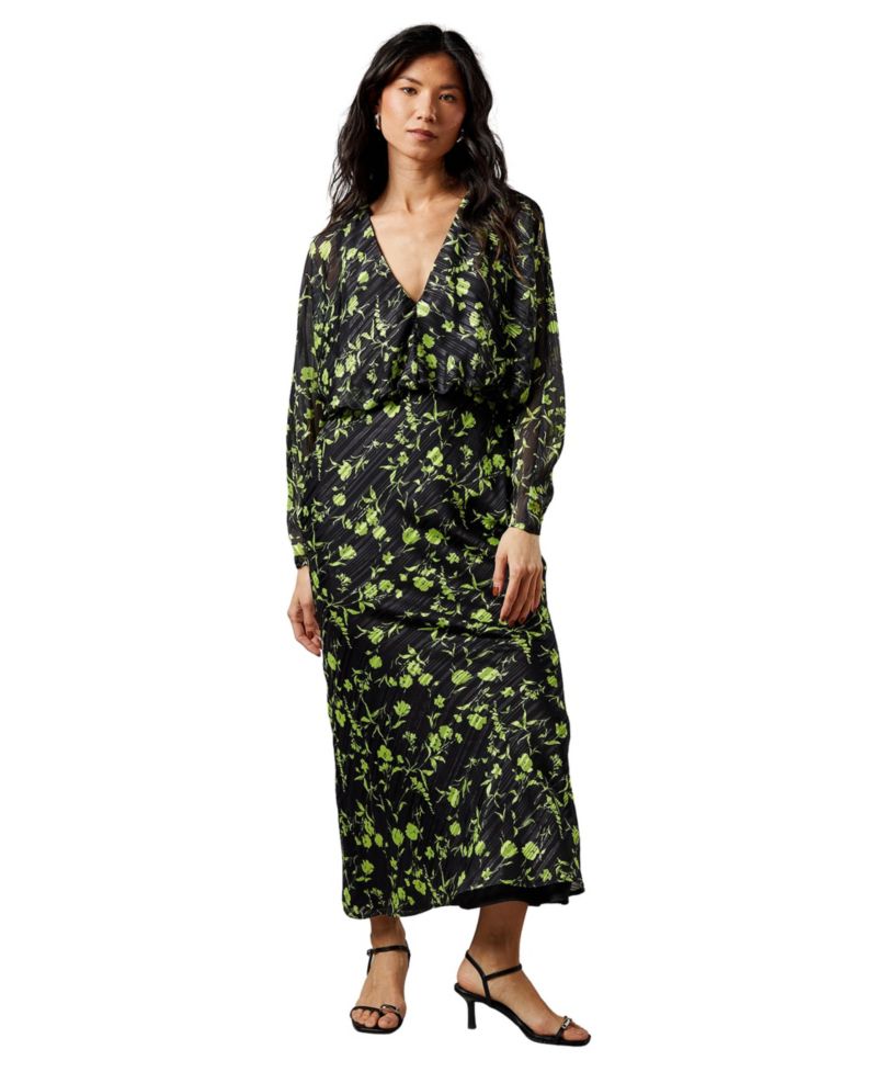 Women's Shadow Stripe Floral Batwing Midi Dress