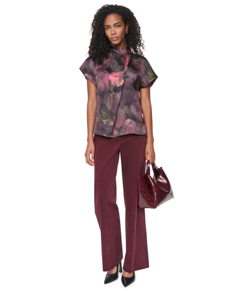 Women's Floral-Print Mock Neck Short-Sleeve Blouse