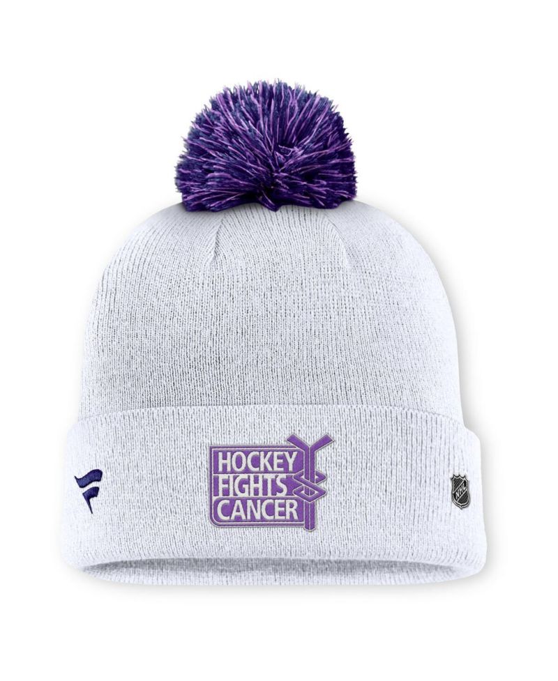 Men's White Boston Bruins Authentic Pro Hockey Fights Cancer Cuffed Pom with Knit Hat
