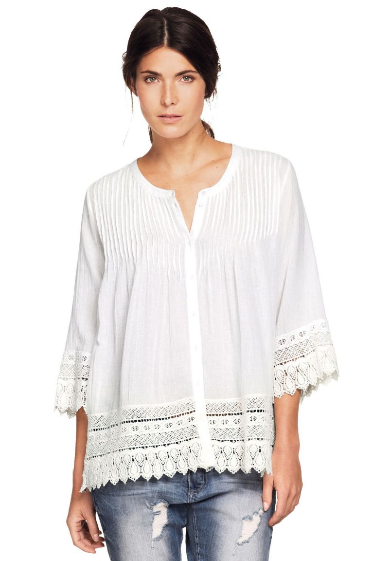 Women's 100% Cotton Crepe Button-Front Three-Quarter Sleeve Crochet Trim Blouse