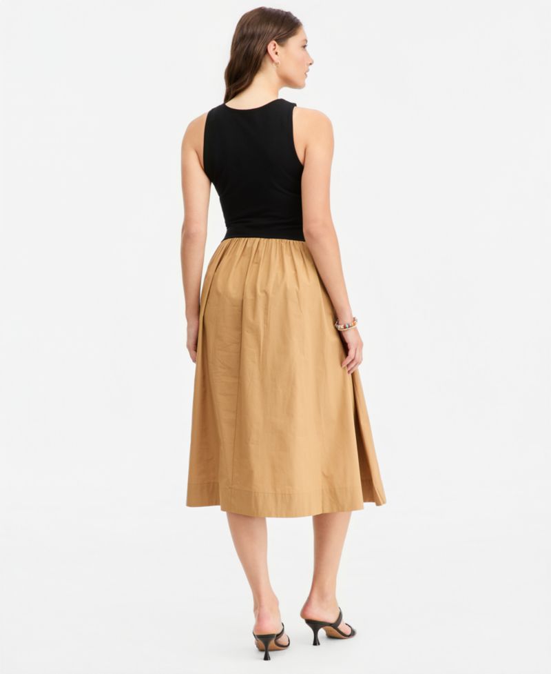 Women's Curved-Waist Mixed-Media Midi Dress