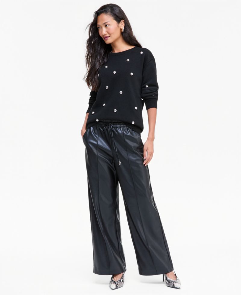 Women's Drawstring Wide-Leg High-Waist Faux Leather Pants
