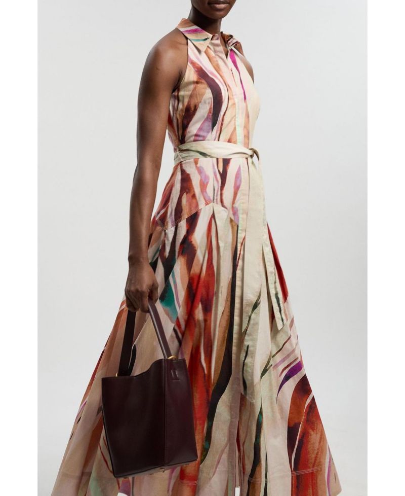 Women's Marble Print Halter Midi Shirt Dress