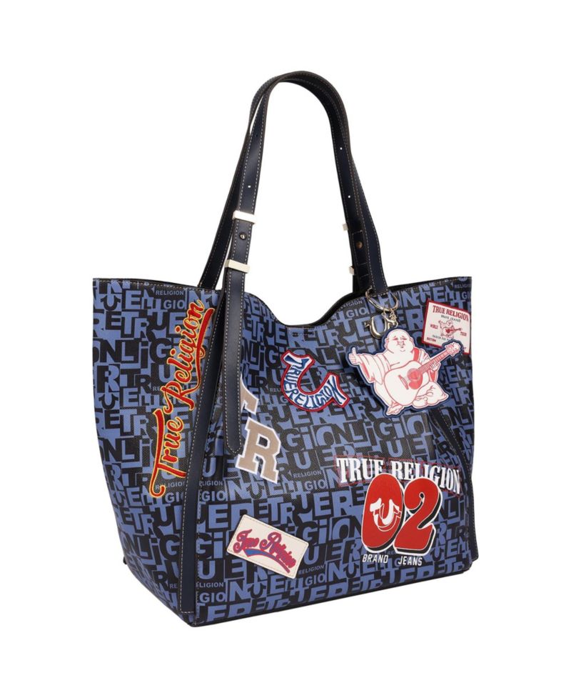Women's Multi Patch Graphic Tote Bag with Buddha Charm and Adjustable Shoulder Straps