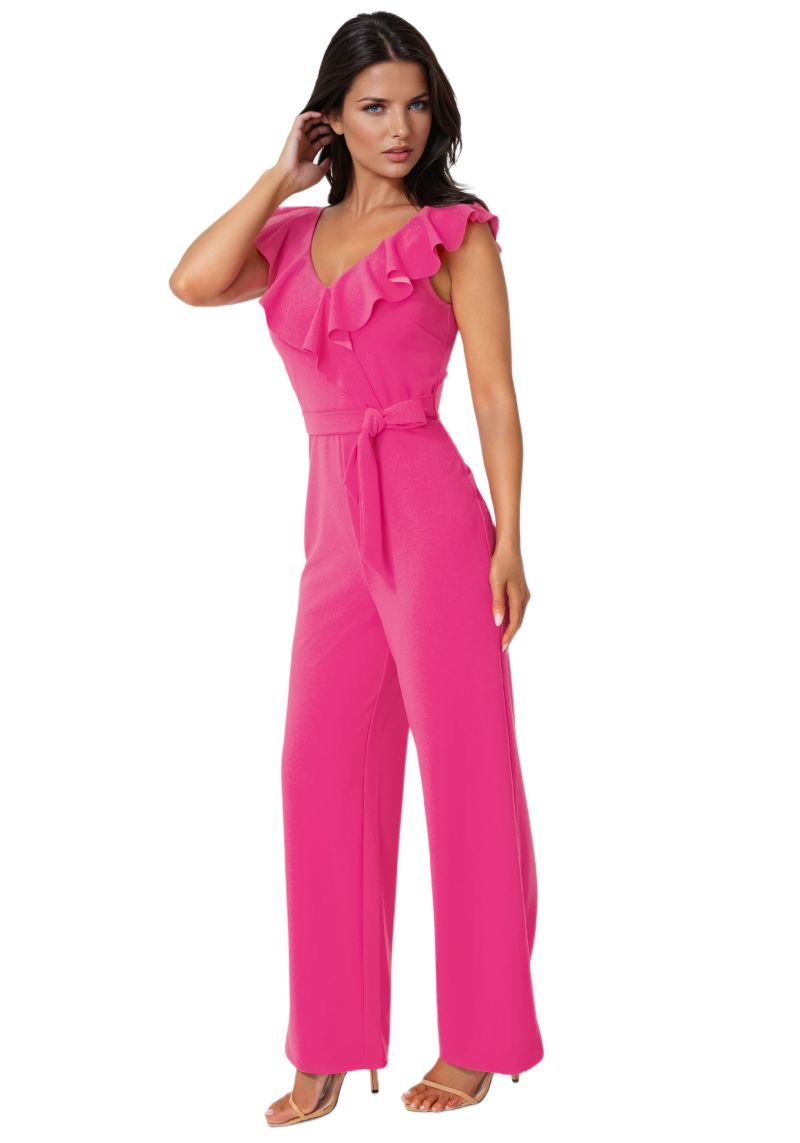 Womens V-Neck Ruffle Scuba Crepe Jumpsuit