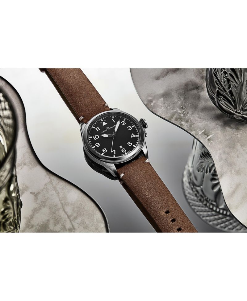 Men's Swiss Made Aviator A601.02 Quartz Watch with Dial, Suede Leather Strap, Sapphire Crystal, 42mm