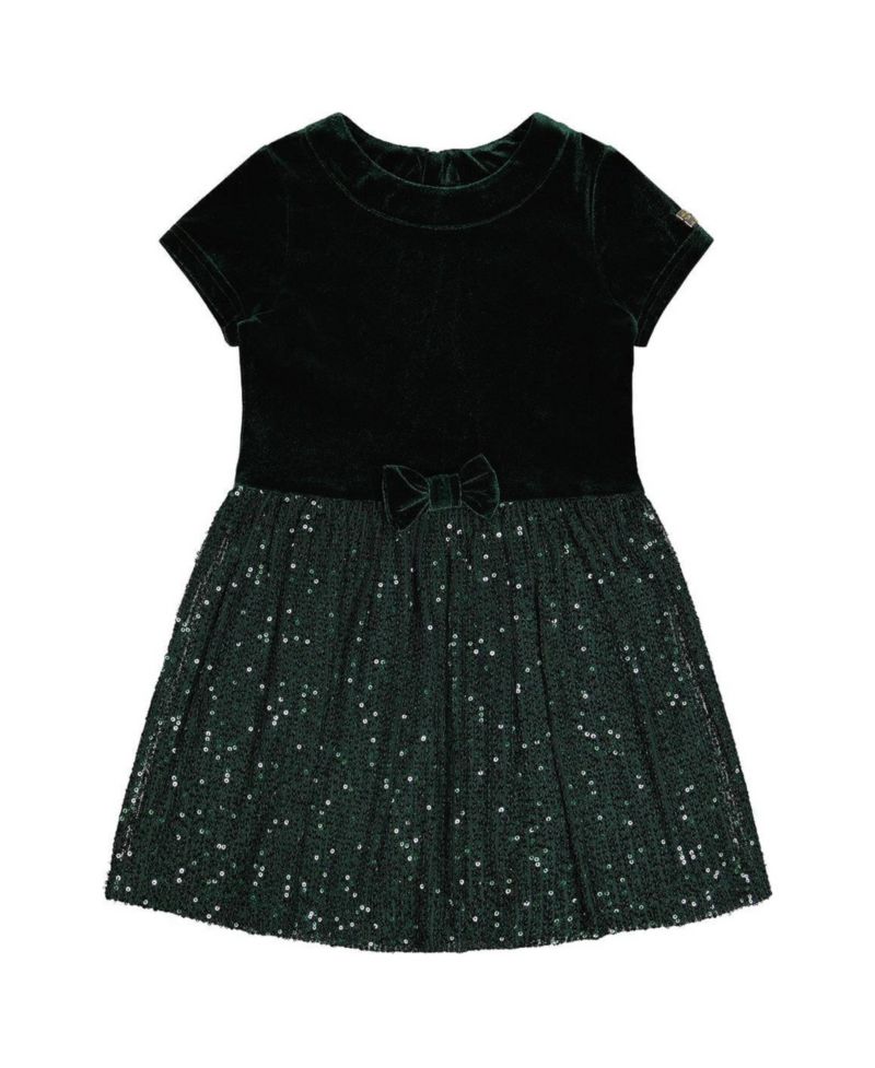 Girls (6-14) Bi-Material Short Sleeve Dress with Glittering Skirt