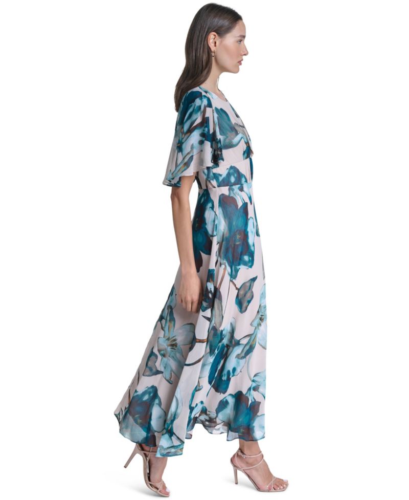 Women's Floral Flutter-Sleeve A-Line Dress