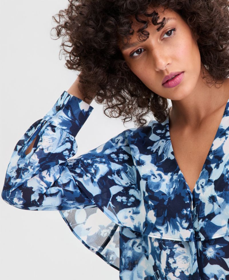 Women's Long-Sleeve Printed Capelet Blouse