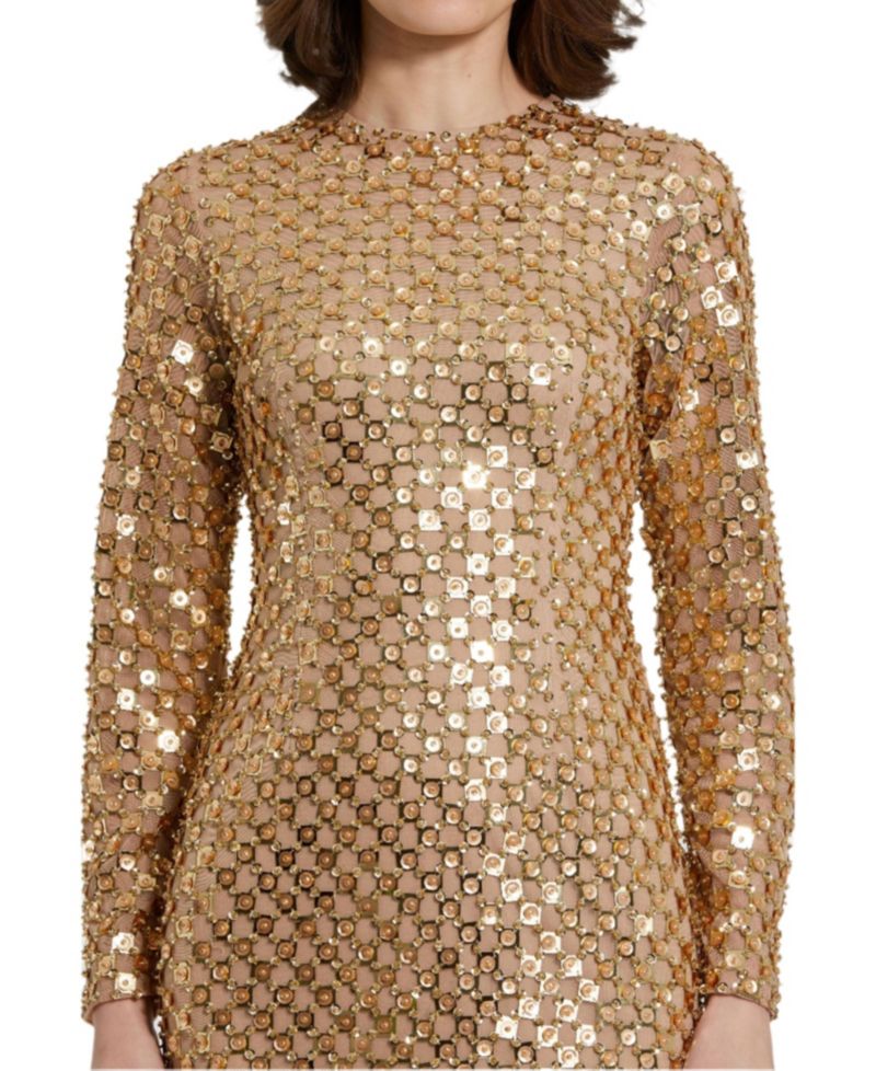 Women's Beaded Georgette Long Sleeve Fitted Midi Dress
