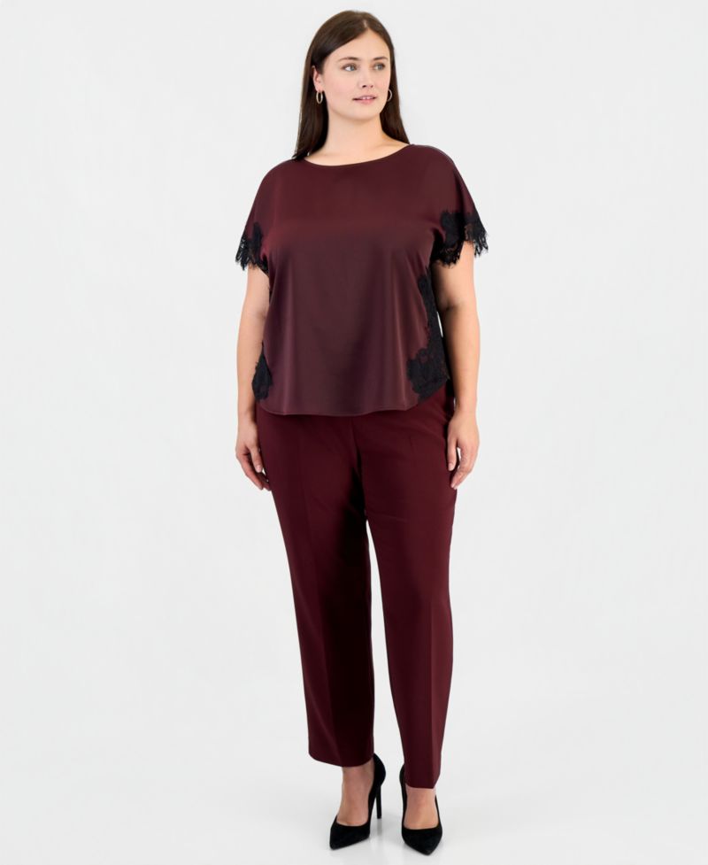 Plus Size Lace-Trim Short-Sleeve Bateau Neck Blouse