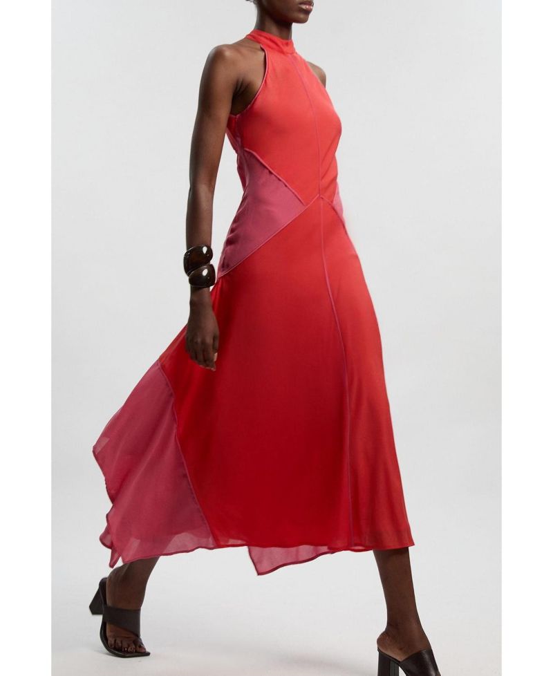 Women's Block Halter Midi A-Line Dress