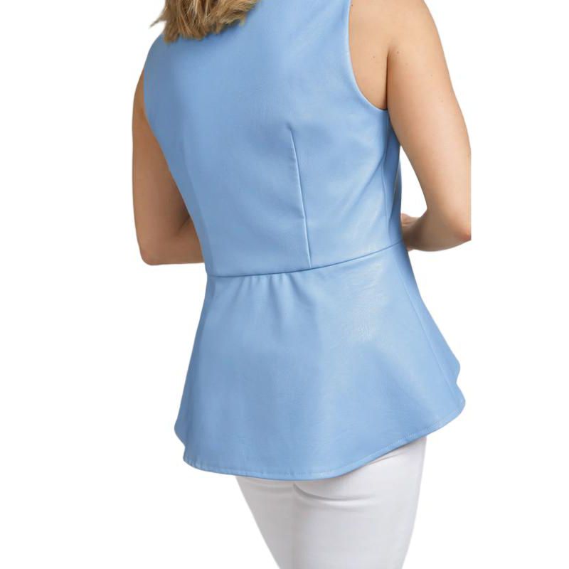 Women's Reagan Faux Leather Fitted High Low Peplum Vest with Gold Zippered Front