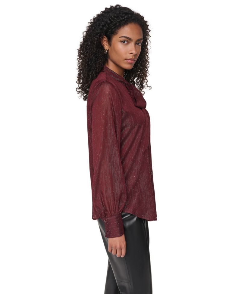 Petite Long-Sleeve Tie-Neck Button-Up Blouse