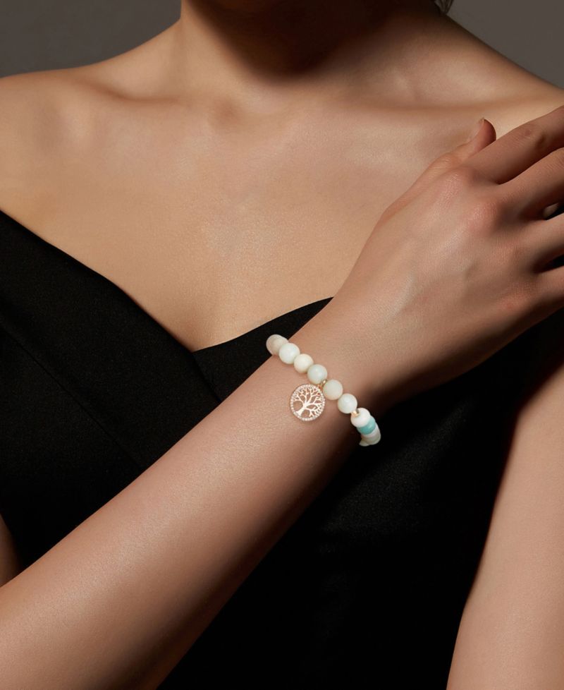 Cubic Zirconia and Amazonite Stone Family Tree Stretch Bracelet