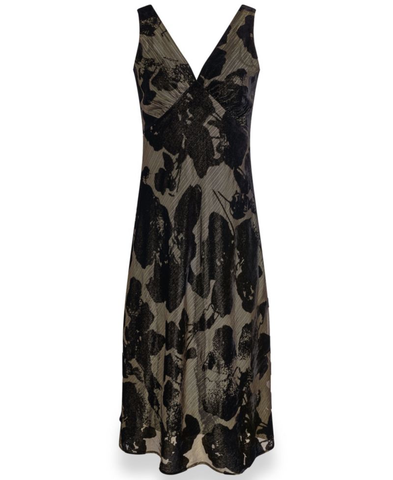 Women's Floral A-Line Metallic Velvet Burnout Midi Dress