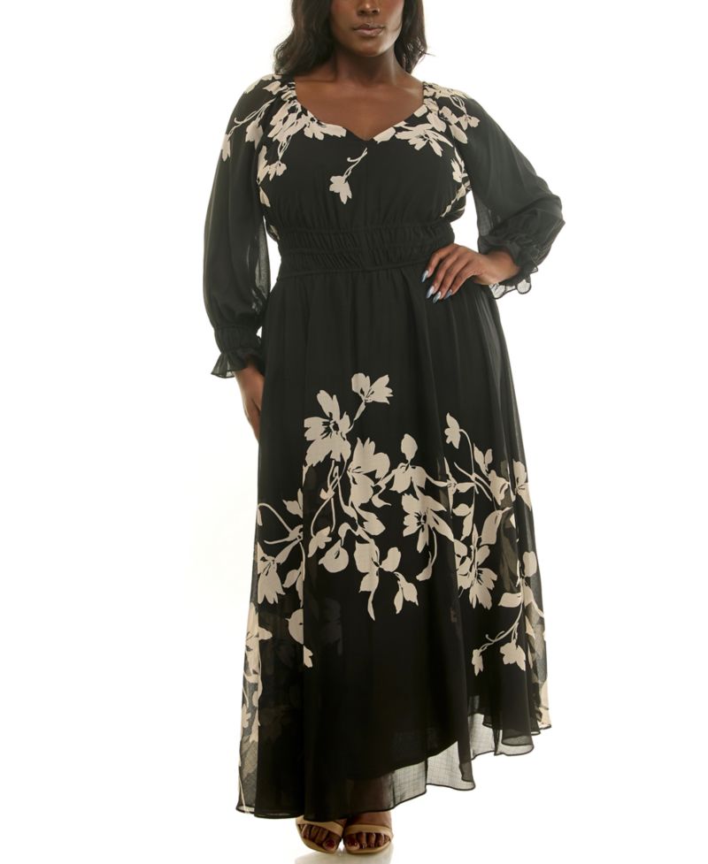 Plus Size Floral-Print Elastic-Waist Chiffon Maxi Dress