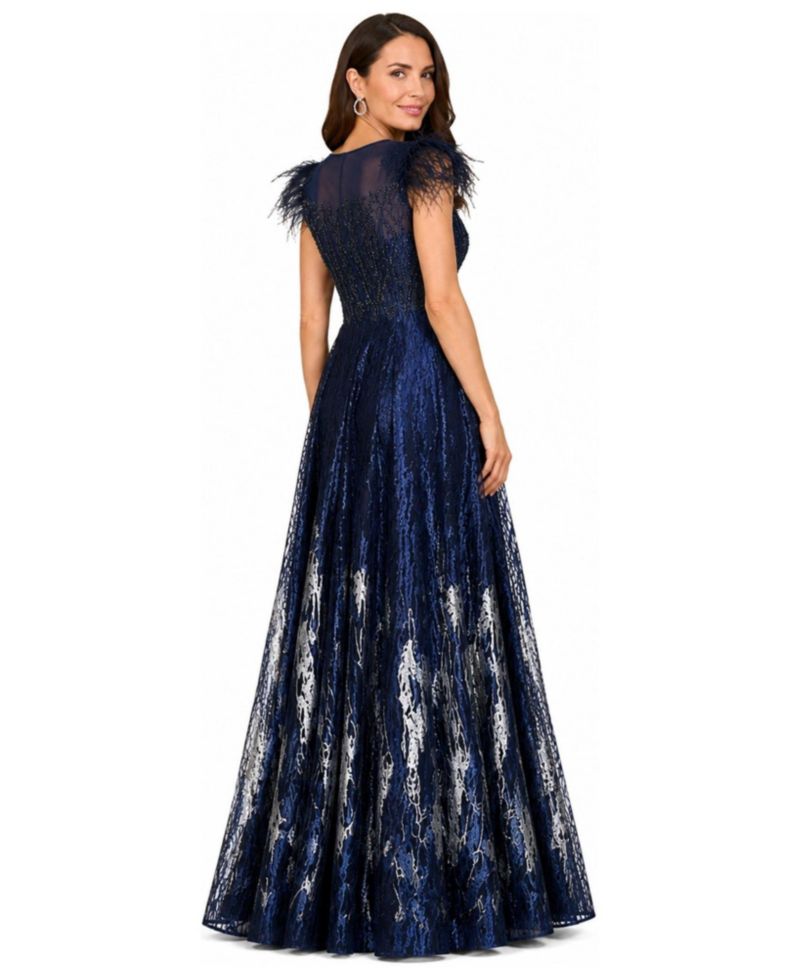 Women's Lace ballgown with Feather Cap Sleeves