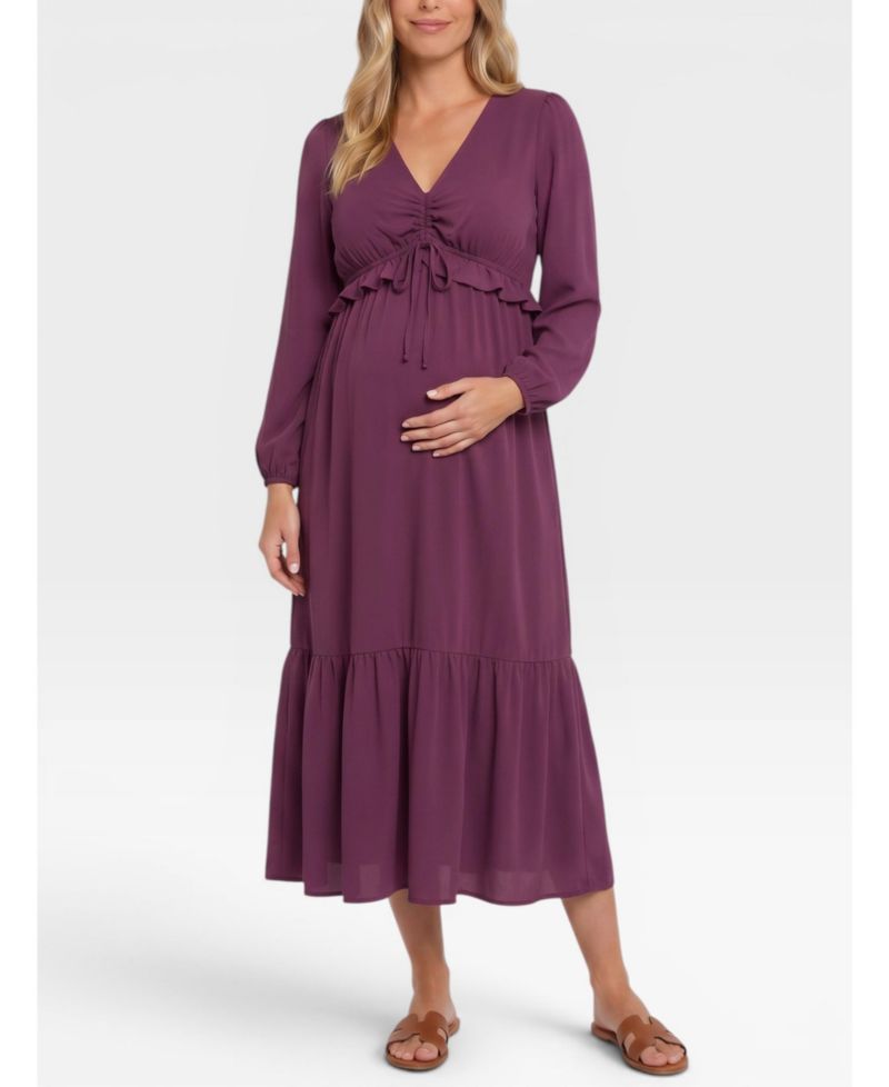 Women's Motherhood Puff Sleeve Ruffle Midi Dress - Motherhood