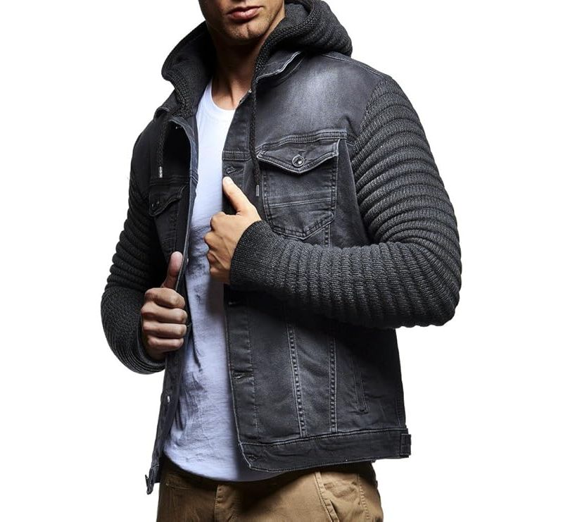 Men's LN5240 Casual Denim Jacket with Knitted Sleeves