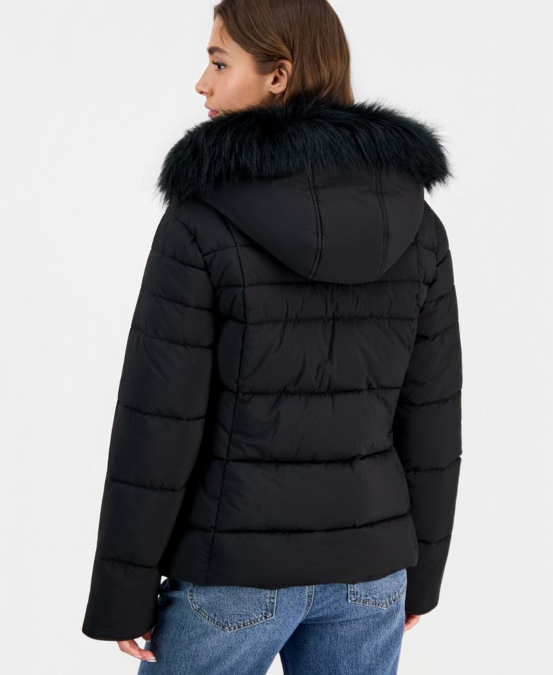 Juniors' Faux-Fur-Trim Hooded Puffer Coat
