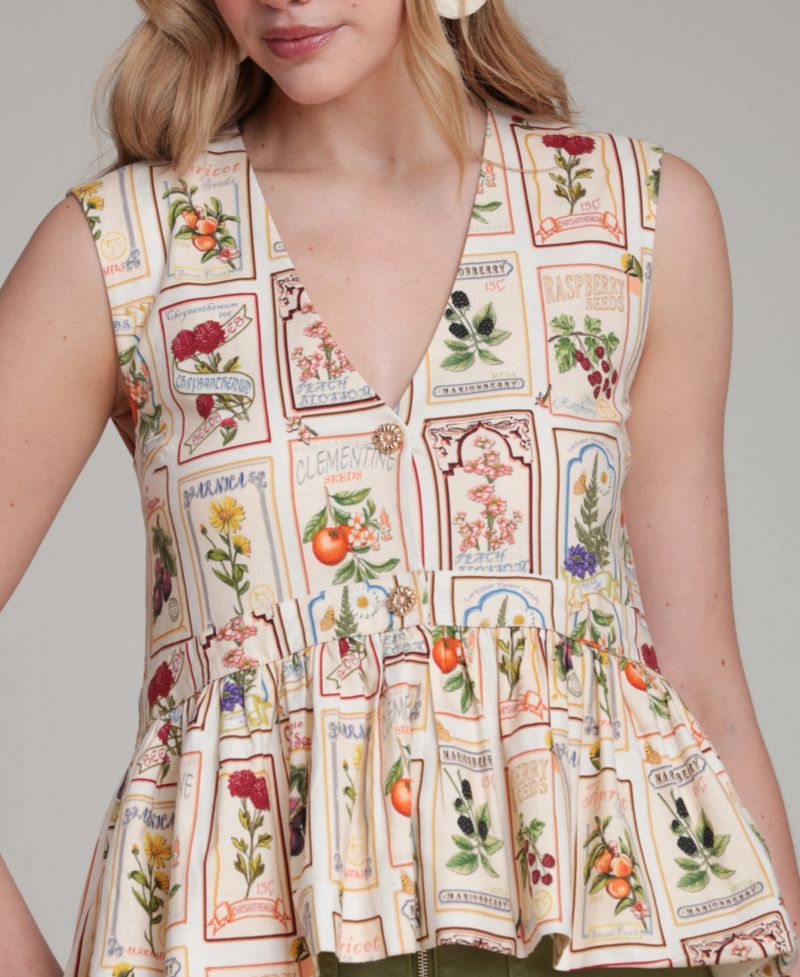 Women's Botanical-Print V-Neck Linen Blend Peplum Top