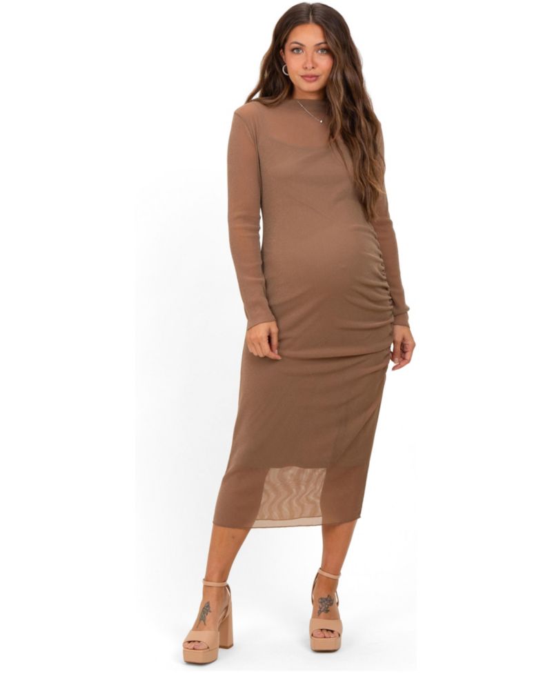 Women's Brown Shimmer Mesh Long Sleeve Ruched Midi Dress