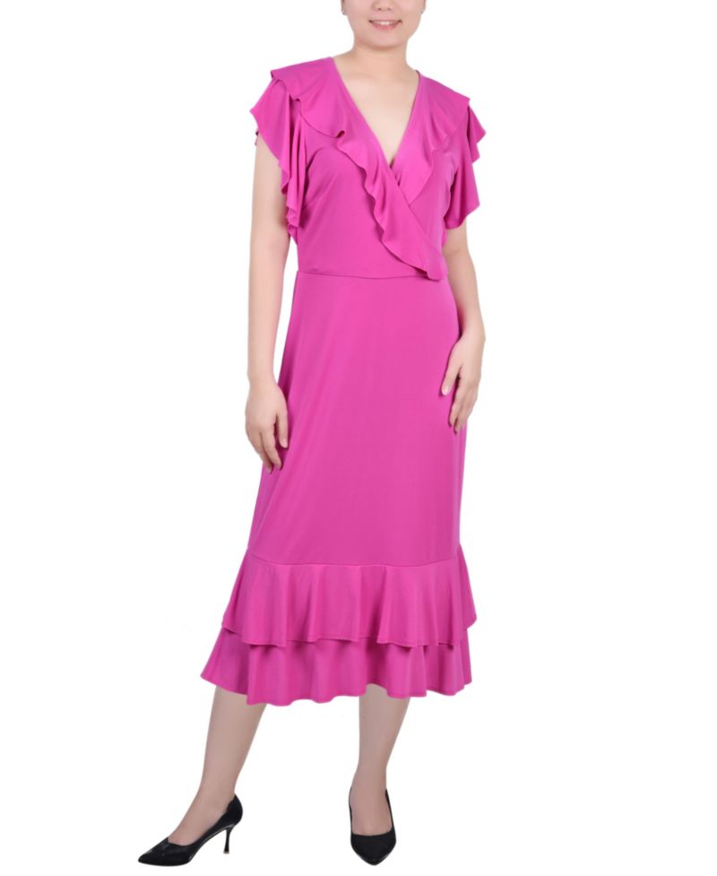 Women's Short Flutter Sleeve Ruffle Neck Dress