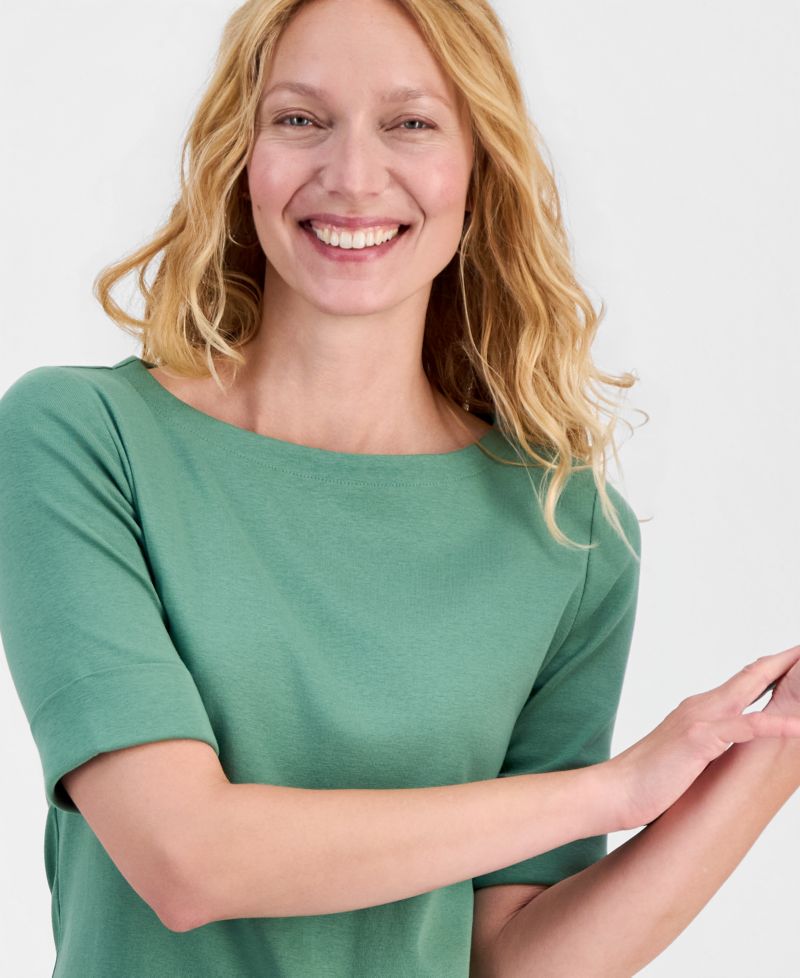 Petite Cotton Elbow-Sleeve Boat-Neck Top