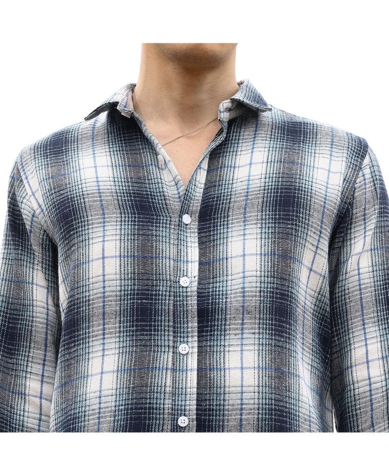 Men's Navy Blue & Ivory White Ombre Buffalo Check Shirt